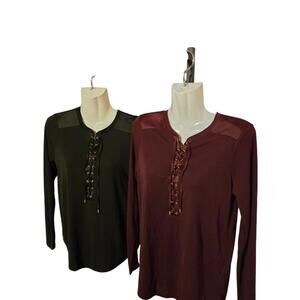 Ralph Lauren Women's‎ Long Sleeve Lace-Up Front Top - Black & Burgundy